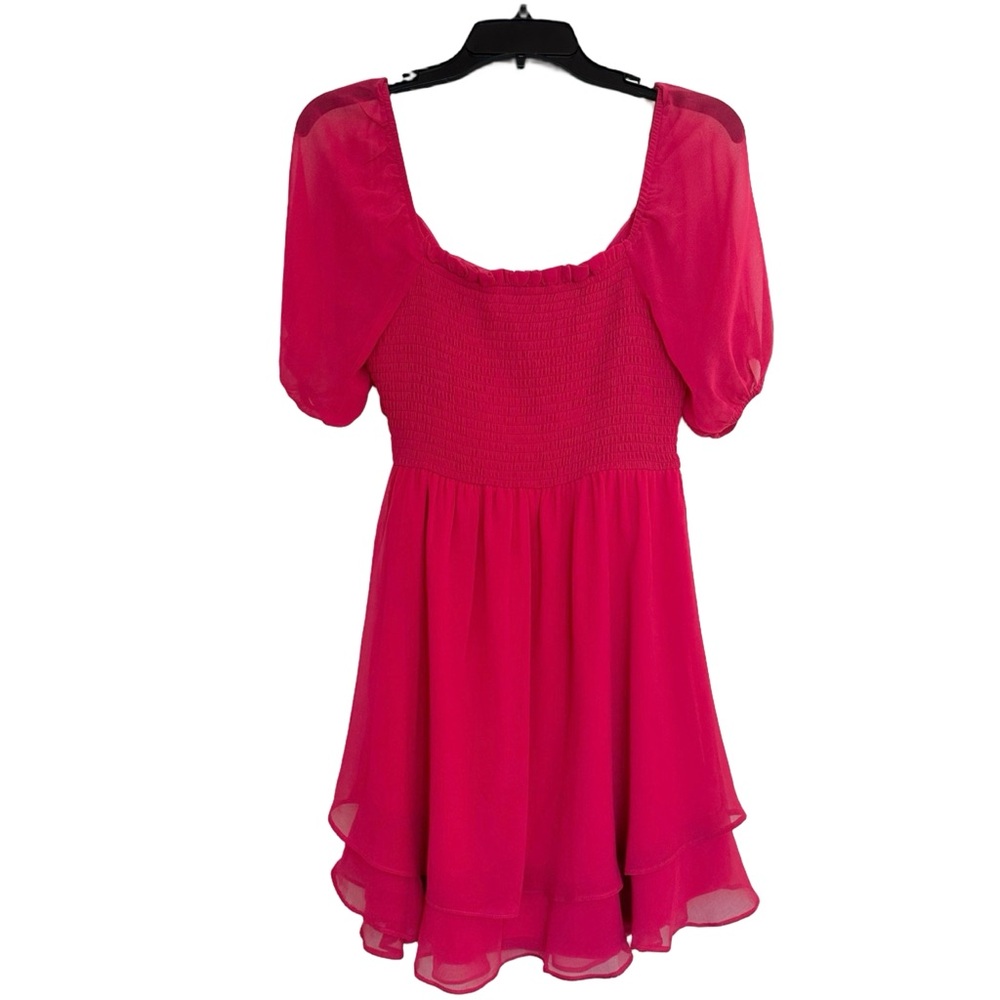 NWT Altar'd State Fuchsia Chiffon Overlay Puff Sheer Sleeves A-Line Lined Dress